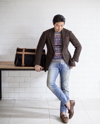 Dark Brown Wool Blazer Outfits For Men: 