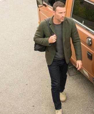 Olive Wool Blazer Outfits For Men: 
