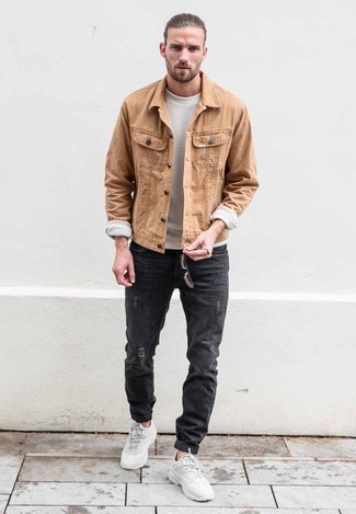 Men's White Athletic Shoes, Charcoal Ripped Jeans, White Crew-neck Sweater, Tan Denim Jacket