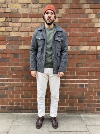 Men's Dark Brown Leather Desert Boots, White Jeans, Olive Crew-neck Sweater, Charcoal Wool Field Jacket