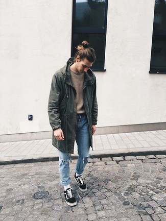 Men's Black Low Top Sneakers, Light Blue Ripped Jeans, Tan Crew-neck Sweater, Olive Fishtail Parka