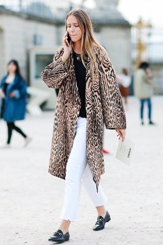 Women's Black Leather Loafers, White Jeans, Black Crew-neck Sweater, Brown Leopard Fur Coat