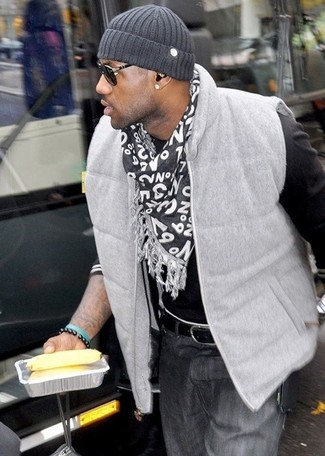 Lebron James wearing Charcoal Beanie, Grey Jeans, Black Crew-neck Sweater, Grey Quilted Gilet