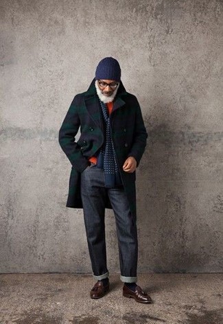 Navy and Green Plaid Overcoat Outfits: 