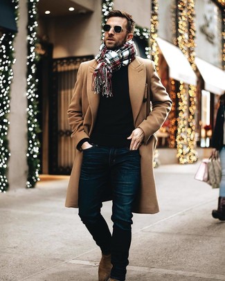 Multi colored Plaid Scarf Outfits For Men: 