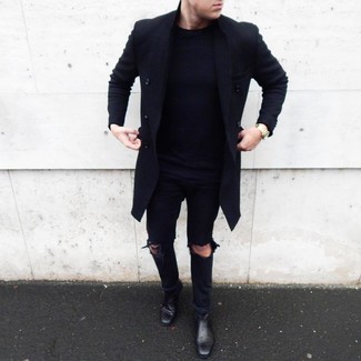 Men's Black Leather Chelsea Boots, Black Ripped Jeans, Navy Crew-neck Sweater, Black Overcoat