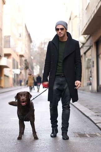 Men's Black Leather Chelsea Boots, Charcoal Jeans, Olive Crew-neck Sweater, Black Overcoat