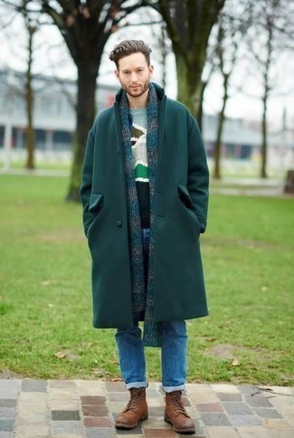 Men's Brown Leather Casual Boots, Blue Jeans, Multi colored Print Crew-neck Sweater, Dark Green Overcoat
