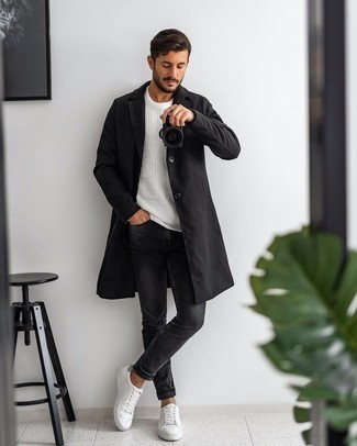 Men's White Canvas Low Top Sneakers, Charcoal Jeans, White Crew-neck Sweater, Black Overcoat