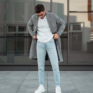 Men's White Canvas Low Top Sneakers, Light Blue Jeans, White Crew-neck Sweater, Grey Plaid Overcoat