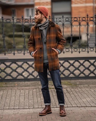 Men's Dark Brown Leather Casual Boots, Navy Jeans, Grey Crew-neck Sweater, Brown Plaid Overcoat