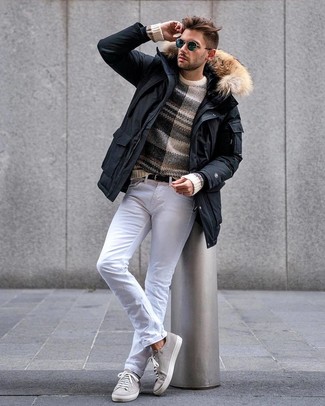 Beige Horizontal Striped Crew-neck Sweater Chill Weather Outfits For Men: 