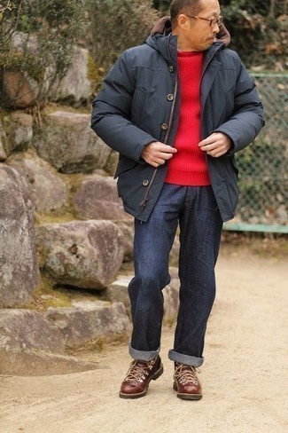 Men's Dark Brown Leather Work Boots, Navy Jeans, Red Crew-neck Sweater, Charcoal Puffer Jacket