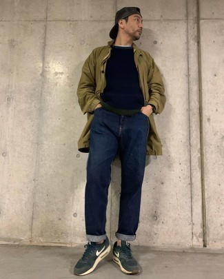 Men's Navy and White Athletic Shoes, Navy Jeans, Navy Crew-neck Sweater, Olive Raincoat