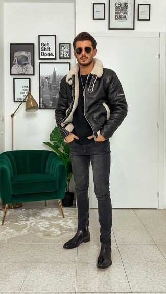 Men's Black Leather Chelsea Boots, Charcoal Jeans, Black Crew-neck Sweater, Black Shearling Jacket