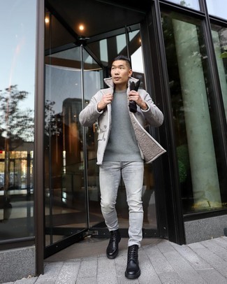 Grey Shearling Jacket Outfits For Men: 