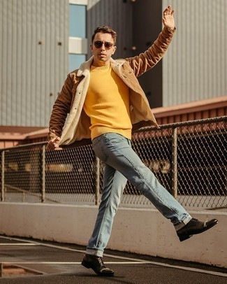 Mustard Crew-neck Sweater Outfits For Men: 