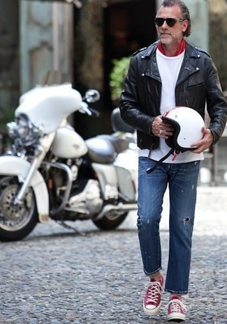 Men's Red and White Low Top Sneakers, Blue Ripped Jeans, White Crew-neck T-shirt, Black Leather Biker Jacket