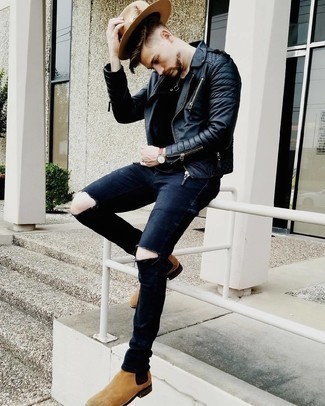 Men's Tan Suede Chelsea Boots, Navy Ripped Jeans, Black Crew-neck T-shirt, Black Quilted Leather Biker Jacket