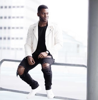 Men's White Canvas High Top Sneakers, Black Ripped Jeans, Black Crew-neck T-shirt, White Leather Biker Jacket