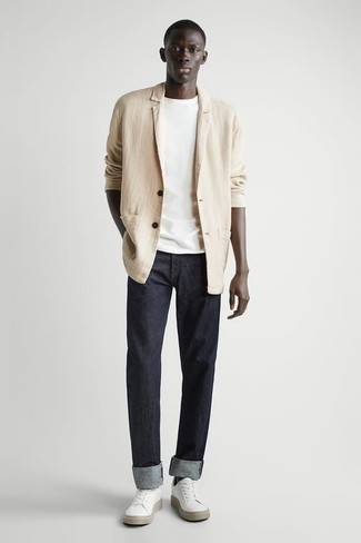 Beige Cotton Blazer Outfits For Men: 