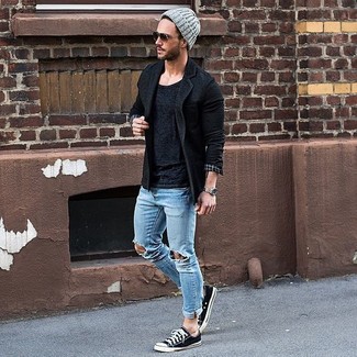 Men's Black and White Canvas Low Top Sneakers, Light Blue Ripped Jeans, Black Crew-neck T-shirt, Black Wool Blazer