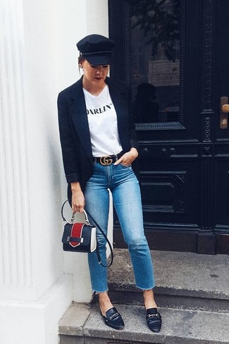 Women's Black Leather Loafers, Blue Jeans, White and Black Print Crew-neck T-shirt, Black Blazer