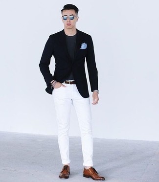 Men's Brown Leather Derby Shoes, White Jeans, Charcoal Crew-neck T-shirt, Navy Blazer