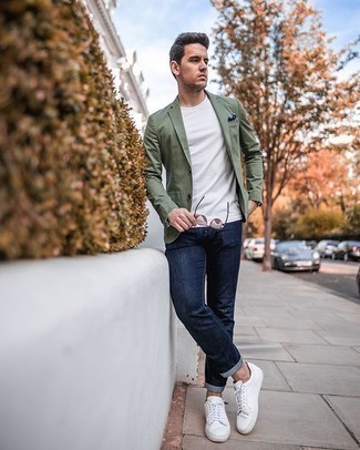 Men's White Canvas Low Top Sneakers, Navy Jeans, White Crew-neck T-shirt, Olive Blazer