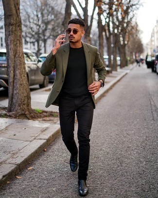 Dark Green Blazer Outfits For Men: 