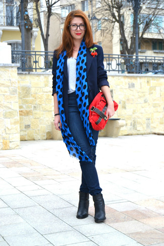 Navy and White Polka Dot Scarf Outfits For Women: 