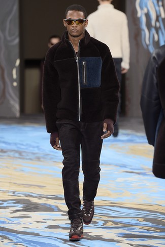 Dark Brown Fleece Bomber Jacket Outfits For Men: 