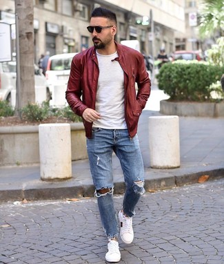 White Crew-neck T-shirt with Burgundy Leather Bomber Jacket Outfits For Men: 