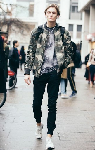 Olive Camouflage Bomber Jacket Casual Outfits For Men: 