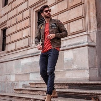 Men's Tan Suede Chelsea Boots, Navy Jeans, Red Crew-neck T-shirt, Brown Embroidered Bomber Jacket