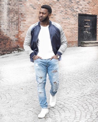 Navy and White Bomber Jacket Outfits For Men: 