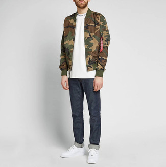 Men's White Leather Low Top Sneakers, Navy Jeans, White Crew-neck T-shirt, Olive Camouflage Bomber Jacket