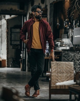 Men's Brown Leather Casual Boots, Black Jeans, Mustard Crew-neck T-shirt, Burgundy Bomber Jacket