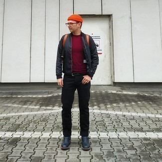 Black Nylon Bomber Jacket Outfits For Men: 