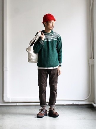Dark Green Fair Isle Crew-neck Sweater Outfits For Men: 