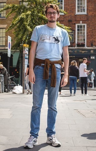 Light Blue Print Crew-neck T-shirt Outfits For Men: 