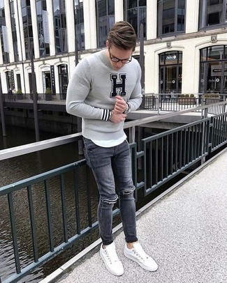 Men's White Canvas Low Top Sneakers, Grey Ripped Jeans, White Crew-neck T-shirt, Grey Print Crew-neck Sweater