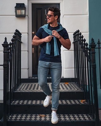 Light Blue Crew-neck Sweater Outfits For Men: 