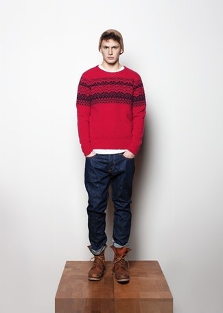 Burgundy Crew-neck Sweater Outfits For Men: 