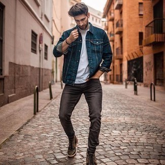 Men's Olive Leather High Top Sneakers, Charcoal Jeans, White Crew-neck T-shirt, Navy Denim Jacket