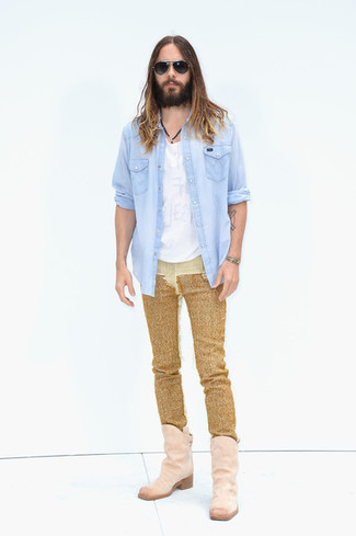 Jared Leto wearing Pink Suede Cowboy Boots, Gold Jeans, White Crew-neck T-shirt, Light Blue Denim Shirt