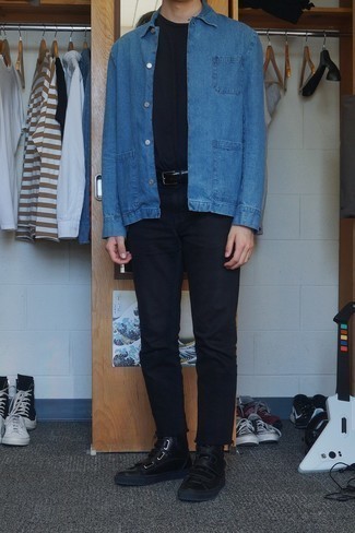 Black Jeans with Navy Denim Shirt Summer Outfits For Men In Their 20s: 
