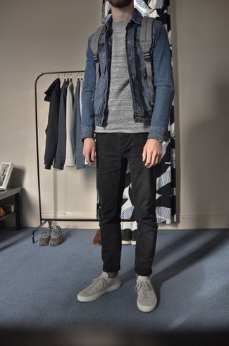 Black Jeans with Blue Denim Shirt Outfits For Men: 