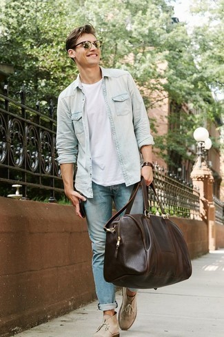 Dark Brown Leather Holdall Outfits For Men: 
