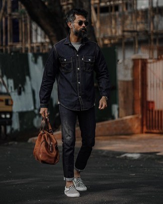 Black Jeans with Navy Denim Shirt Summer Outfits For Men: 